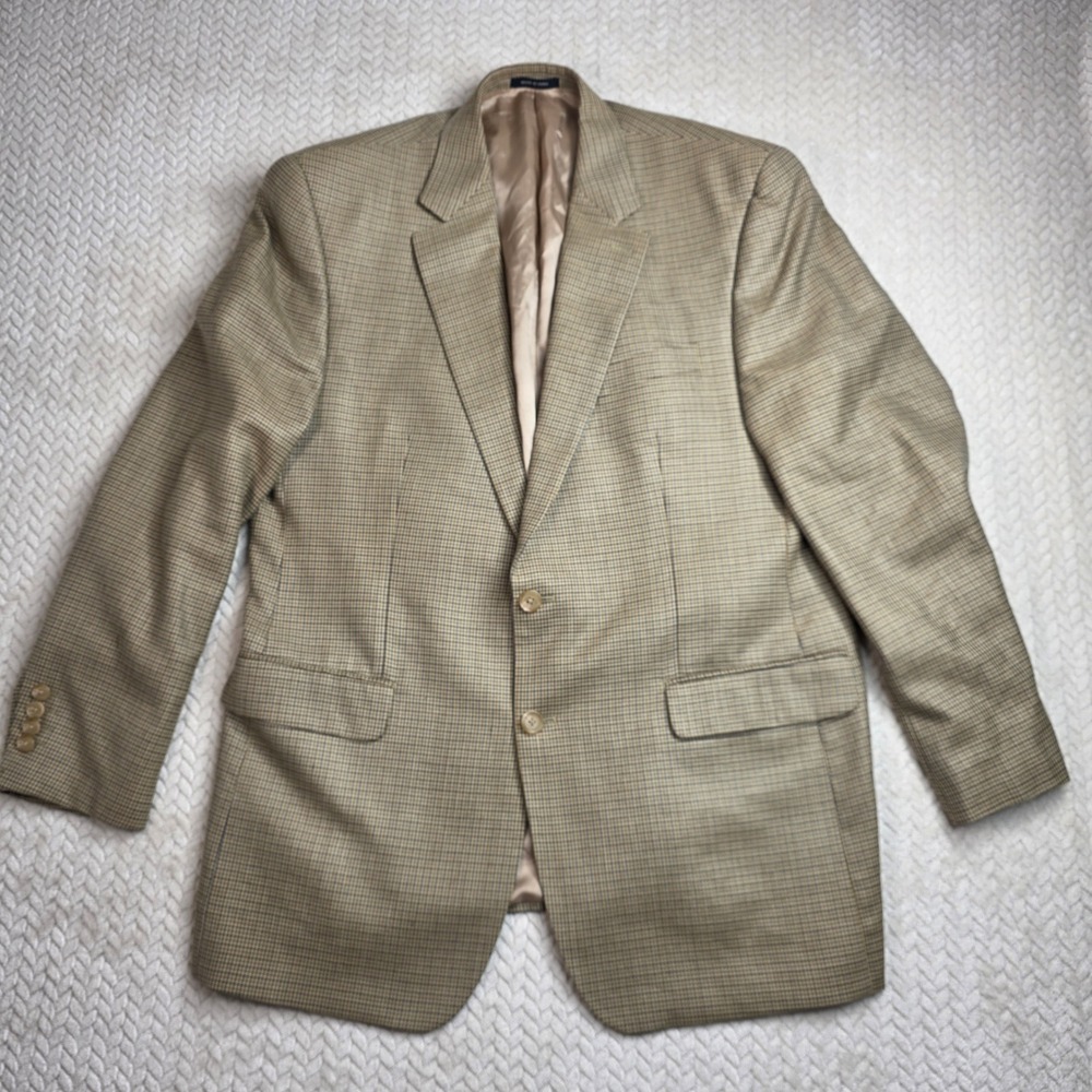 Ralph Lauren Mens‎ 44L Silk Wool Houndstooth Blazer Tan Brown Blue Sport Coat